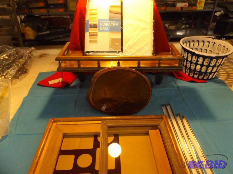 lot 104 image: Picture Frames, Sweater bag and wood shelf...