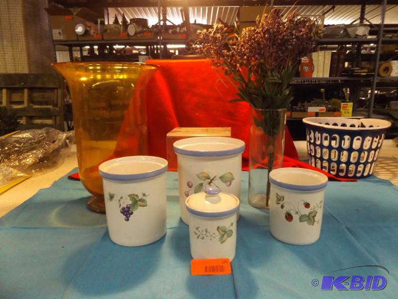 lot 105 image: Canister Set, 2 tall vases and artificial pla...
