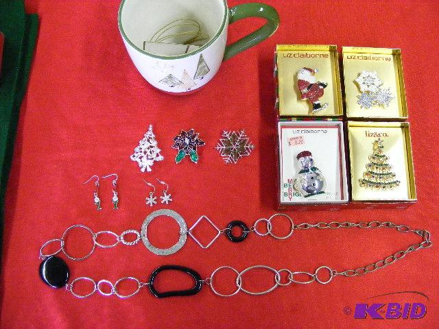 lot 16 image: Lot of Holiday Brooches, earrings and a mug...
