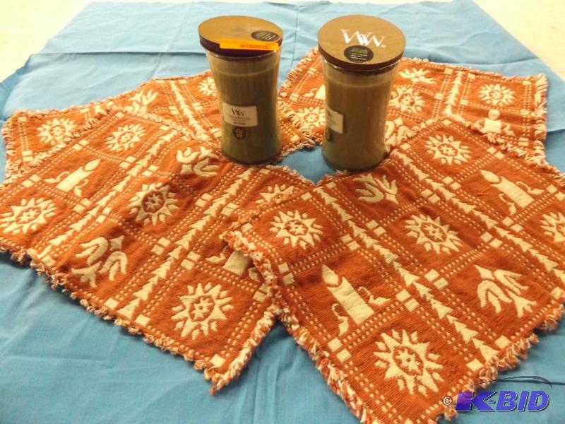 lot 263 image: Two Woodwick Fireside Candles and 4 placemats...