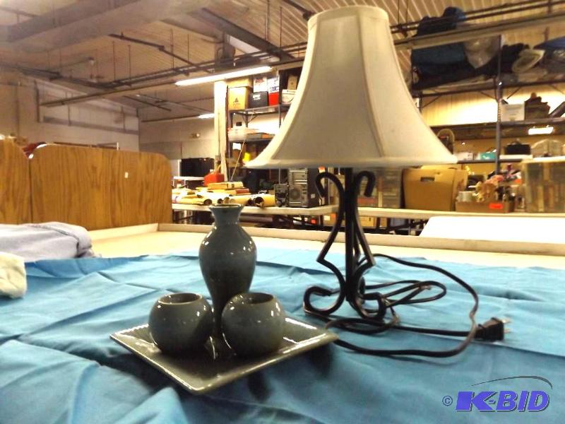 lot 268 image: Metal base lamp with shade, Decorative plate ...