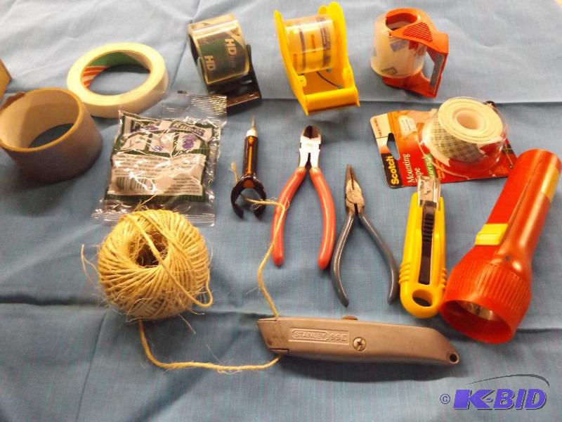 lot 270 image: Misc Lot, Flashlight, Twine, Tape, utility kn...