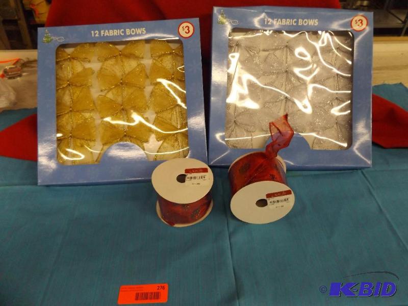 lot 276 image: 12 gold and 12 silver Fabric bows, 2 spools o...