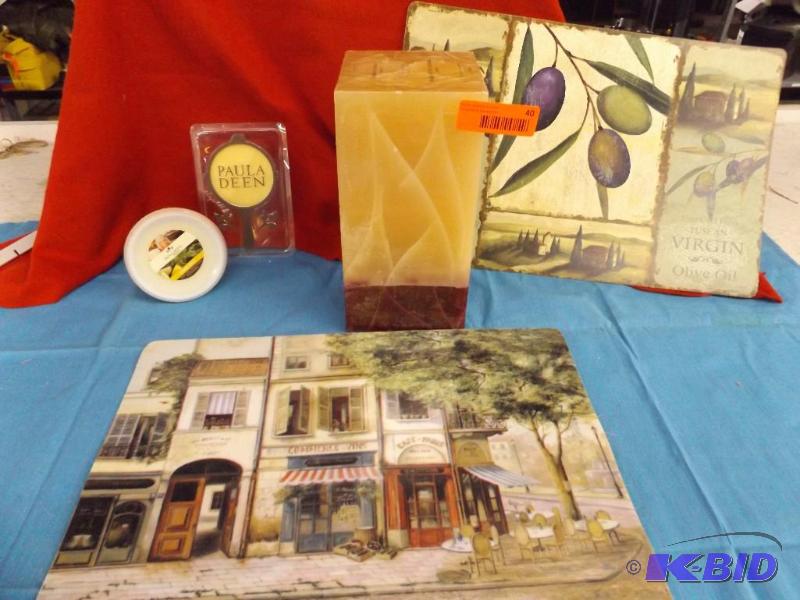 lot 40 image: Large square candle, 3 placemats and Paula De...