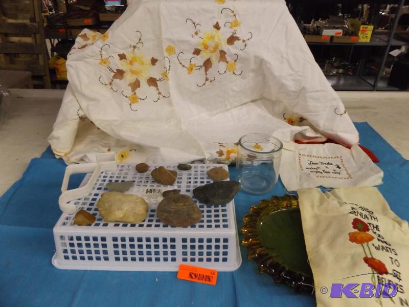 lot 52 image: Misc rocks, round table cloth, green ash tray...
