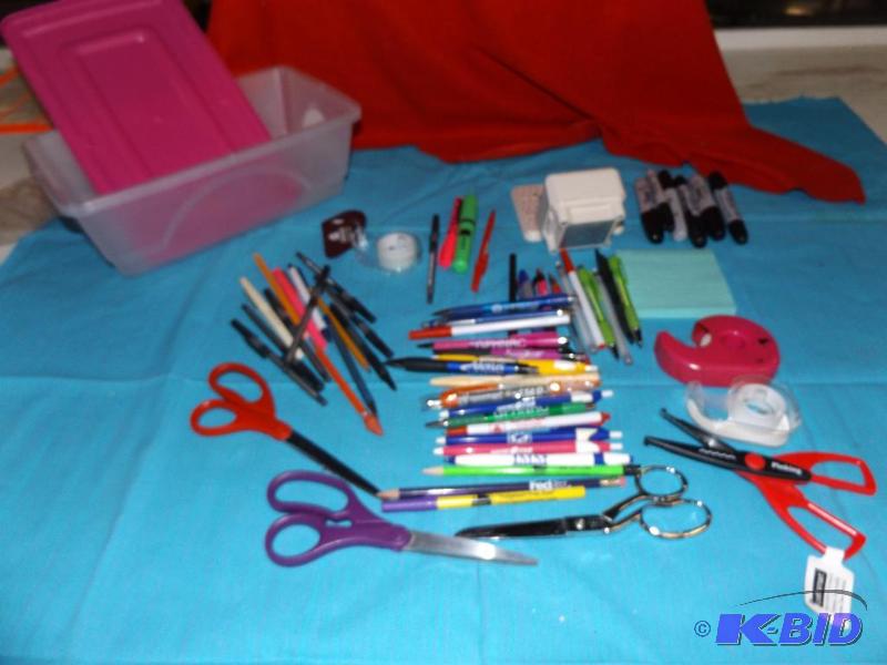 lot 9 image: Office supplies, Scissors, pens, pencils, mar...