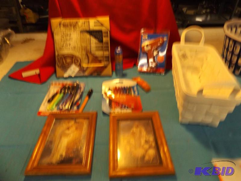 lot 90 image: Basket, glue gun, decorative frame, markers, ...