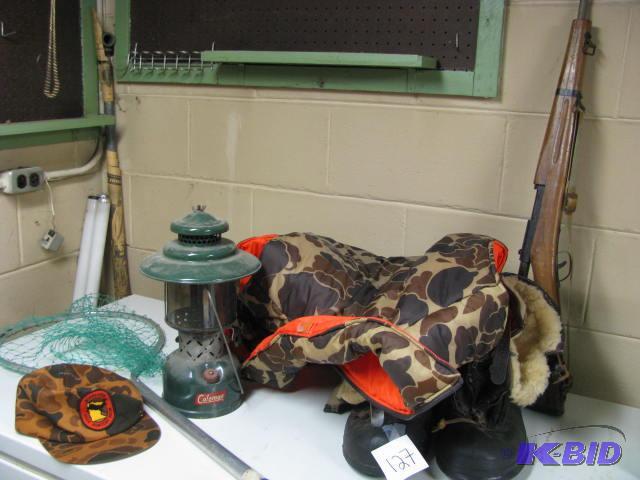 lot 127 image: hunting items, as seen boots, hat, lantern an...