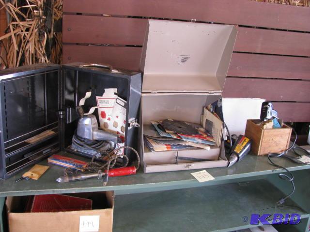 lot 143 image: shelf lot tools, vintage sander, box for a sa...