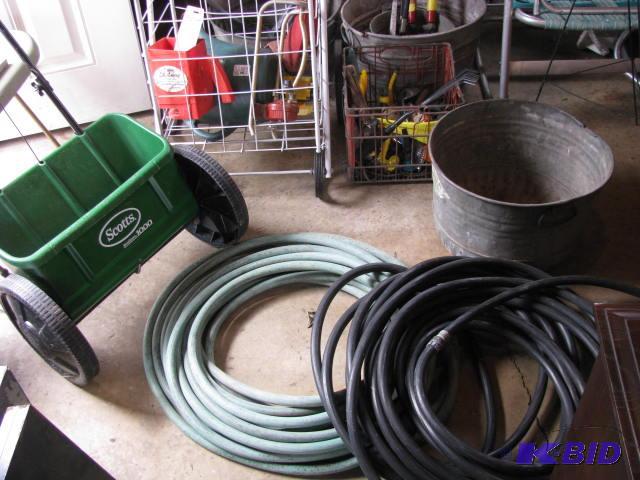 lot 160 image: yard garden items hoses, pails tin containers...