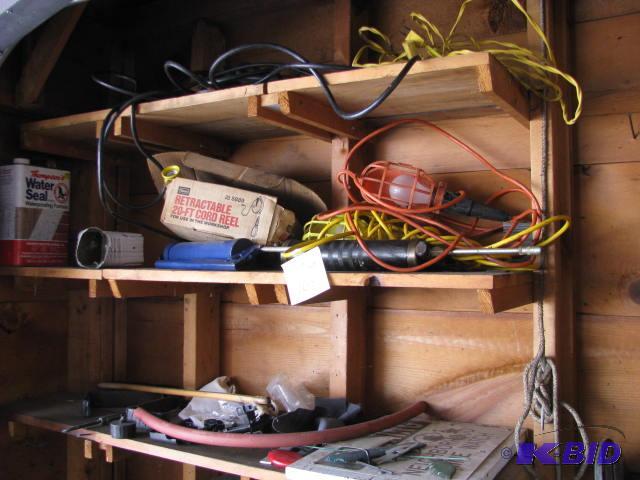 lot 168 image: shelf lot garage shop lights cords ect...
