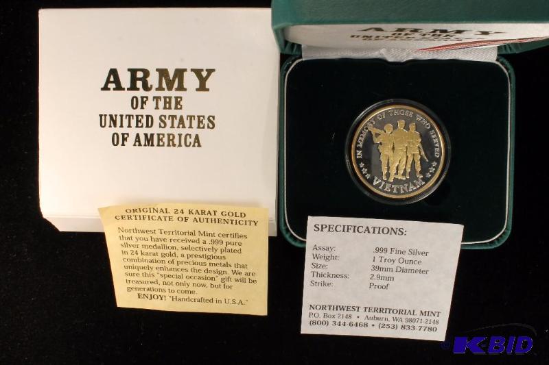 1 TROY Oz. .999 FINE SILVER ARMY PROOF W GOLD PLATING W BOX