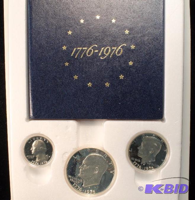 1976 US BICENTENNIAL SILVER PROOF SET OGP. INCLUDES 40% PROOF HALF, QUARTER, DOLLAR