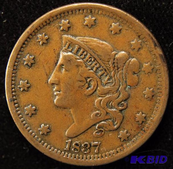 1837 CORONET MATRON HEAD LARGE CENT VF