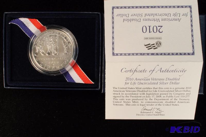 2010 AMERICAN VETERANS DISABLED FOR LIFE UNCIRCULATED SILVER DOLLAR OGP  COA