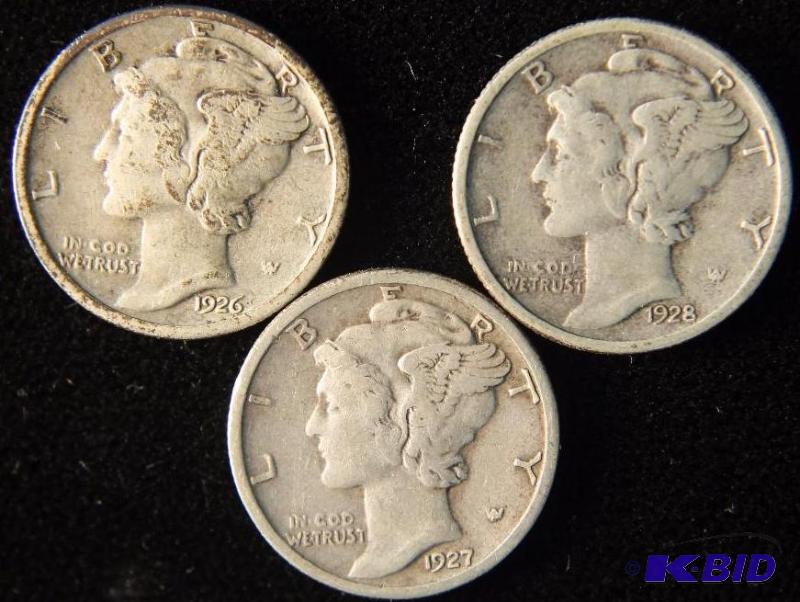 LOT OF 3 MERCURY DIMES 1926, 1927, 1928