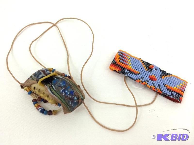 Lot of 2 items 3 Animal Hide pouch ... 3 Beaded bracelet