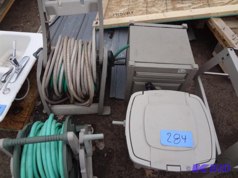 Lot of Hose and reels, metal stand