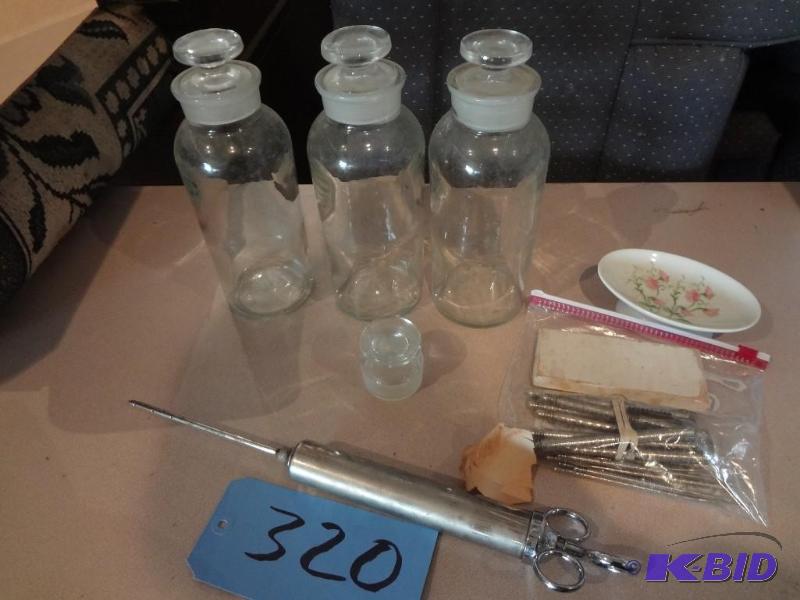 Glass Bottles with Glass Stoppers, Huge Syringe