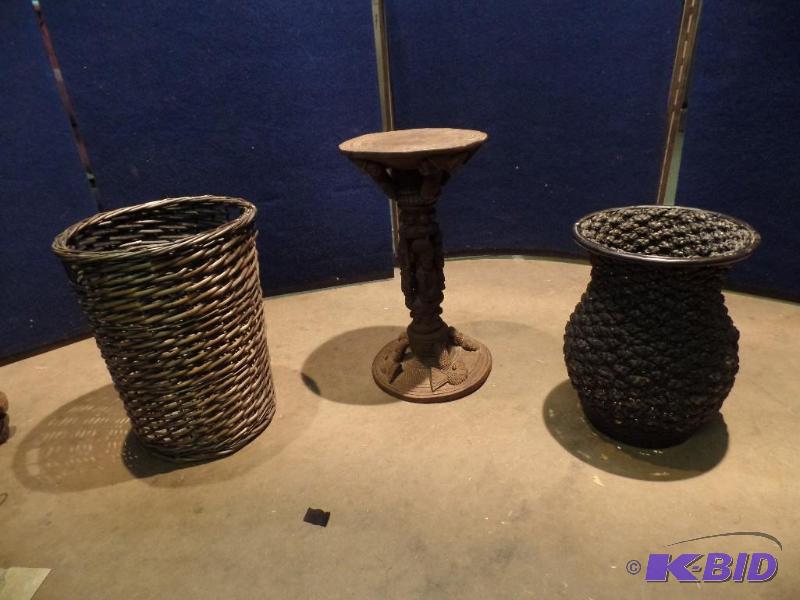 Carved Wood Pedestal w 2 Baskets