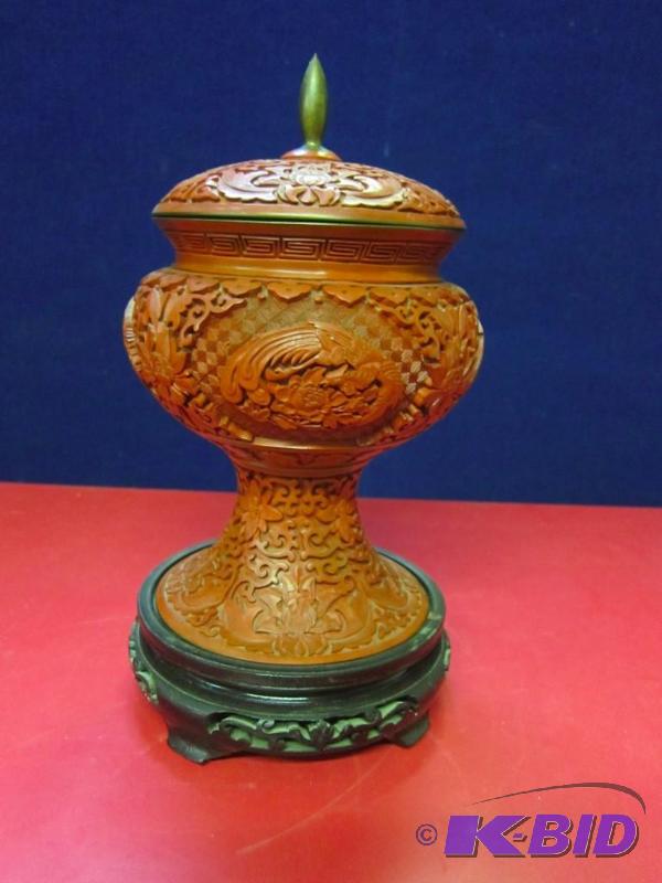 Decorative Vase with Lid and Wood Base