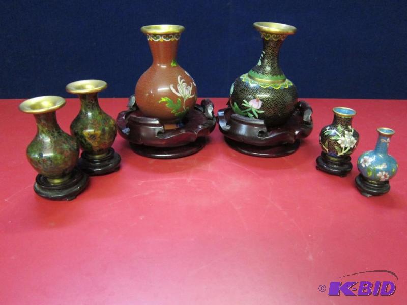 6 Small Decorative Vases with Wood Stands