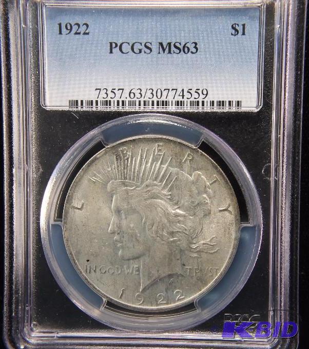 1922 PEACE SILVER DOLLAR PCGS MS 63