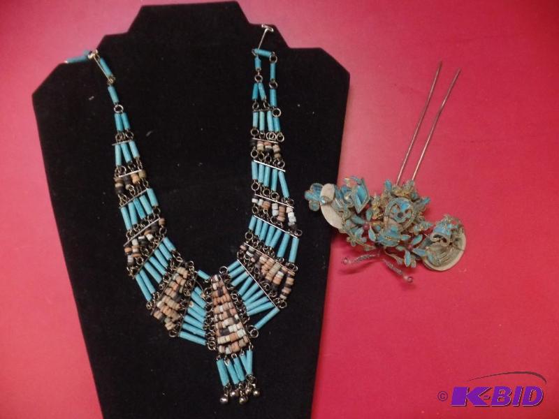 Handmade Metal, Turquoise & Beads Necklace with Hairclip