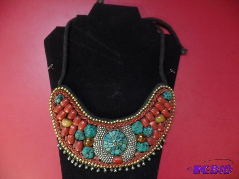 Large Handmade Metal, Bead, & Stone Necklace with Turquoise