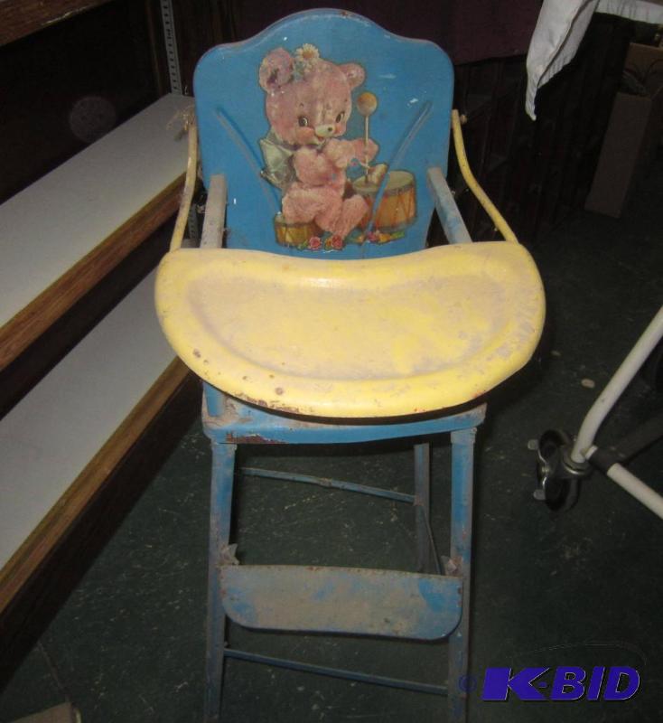 Antique Blue Metal High Chair with Teddy Bear