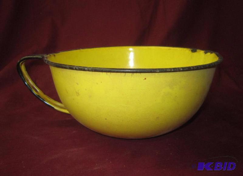 Antique Yellow Metal Enamel Mixing Bowl with Handle and Spout