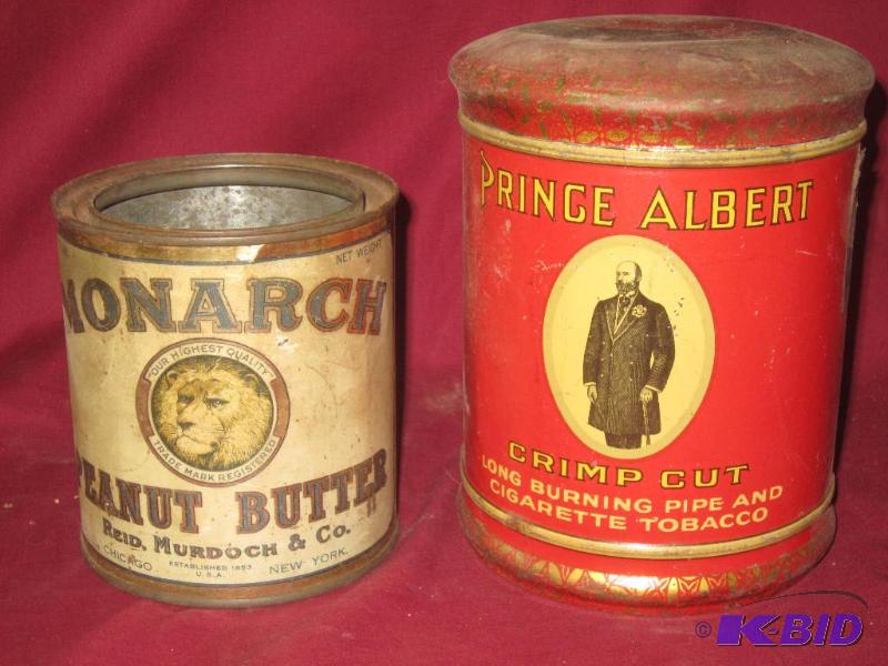 2 Cans - 1 Monarch Peanut Butter Can and 1 Prince Albert Tobacco Can