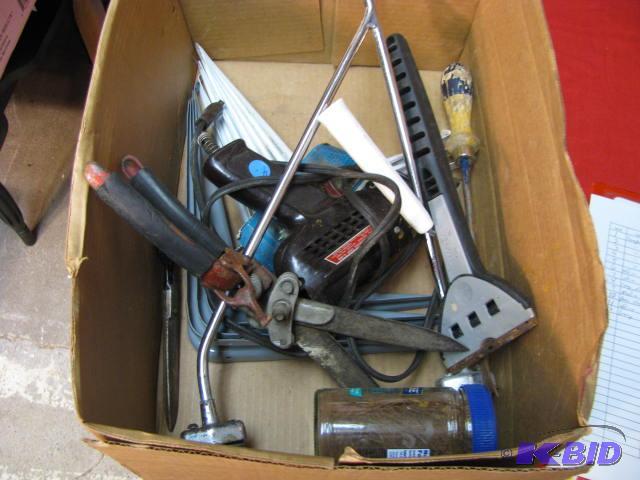 box of tools and shelf brackets, scrapper sol...