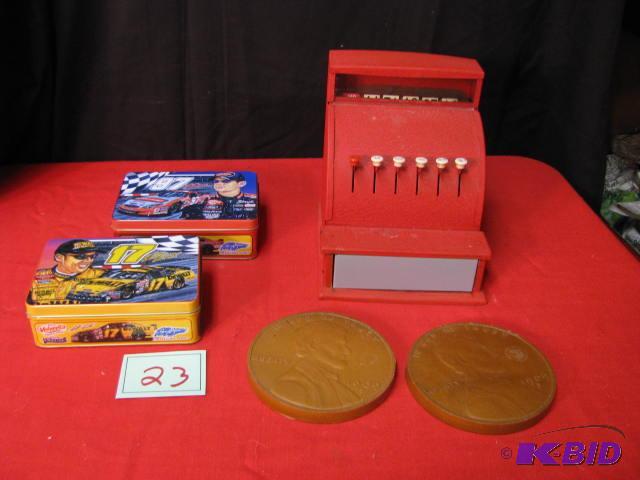 vintage toy cash register, two NASCAR tins an...