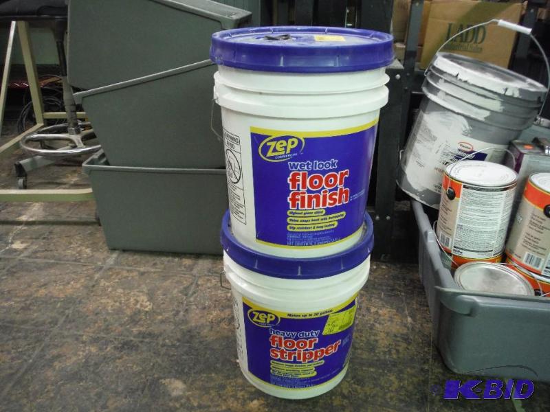 lot 117 image: Bucket Lot of (2) Zep Heavy-Duty Floor Stripper Zep Wet Look Floor Finish 5 Gal. Buckets.