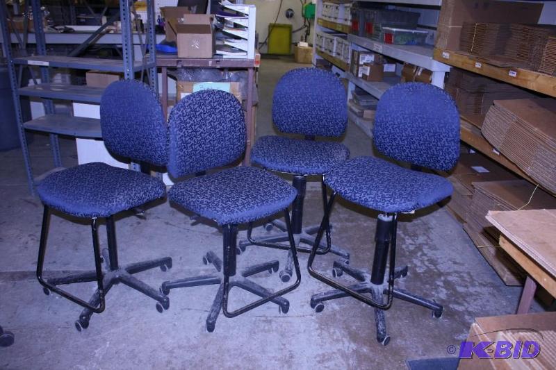lot 13 image: Lot of (4) Blue Chairs with Wheels and Foot Bars.