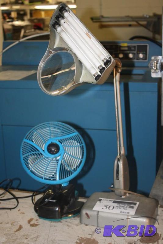 lot 50 image: Lot of (2) Including (1) 24 Tall Lamp with Magnifying Lens and (1) 10 Fan.