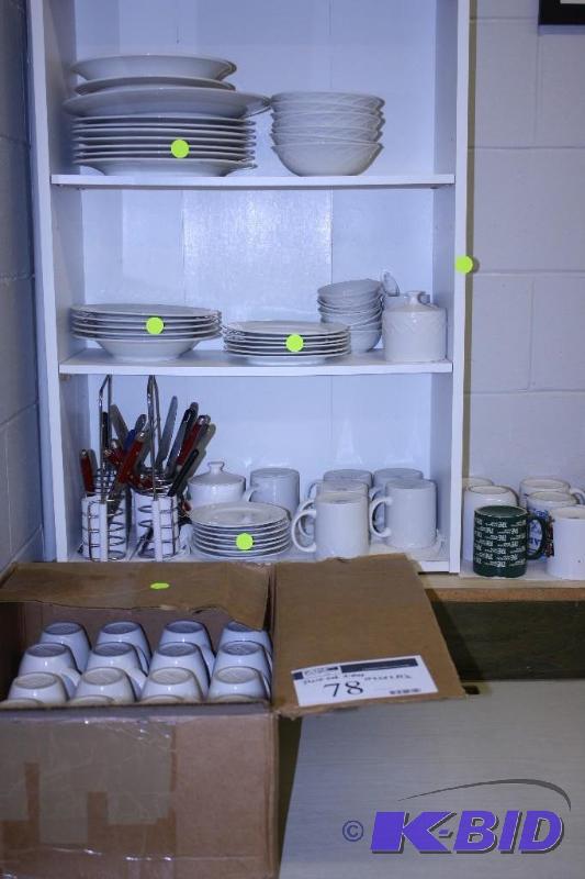 lot 78 image: Corner Lot Including Shelf 10x24x35 12 and Dishes, Cups, Bowls, Plates and More.