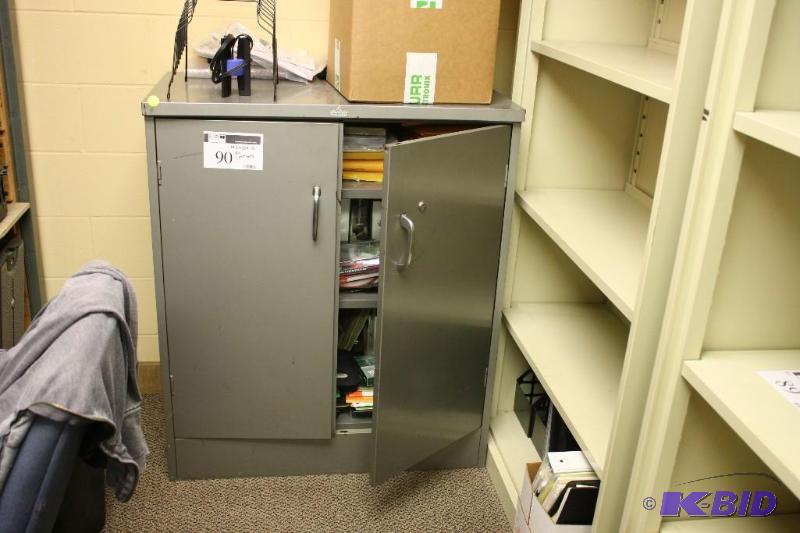 lot 90 image: Locking Metal Storage Cabinet, 19 12x36x42, Contents Not Included, Has No Key For Lock.
