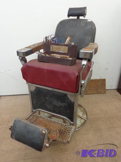 lot 1 image: Barber Chair with Barber Tools and Barber Sig...