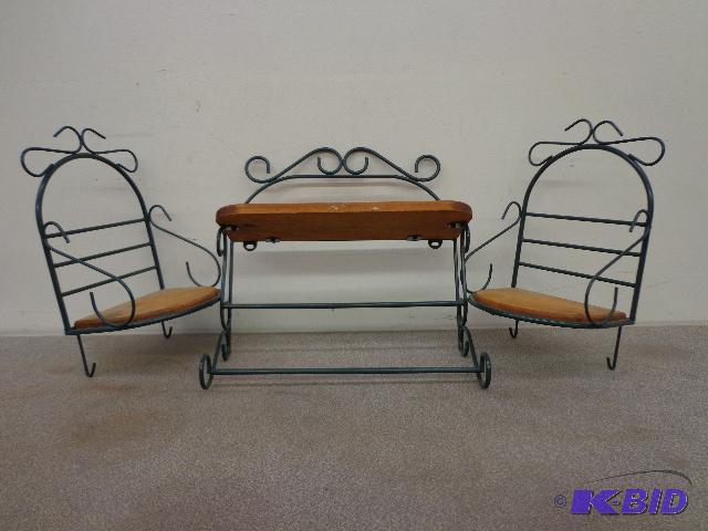 lot 100 image: (3) Green Iron and Wood Shelves   (2) 10 x 7 ...
