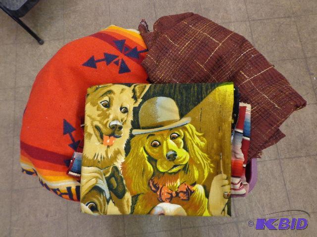 lot 108 image: Tote of Assorted Blankets and Pillow   Many d...