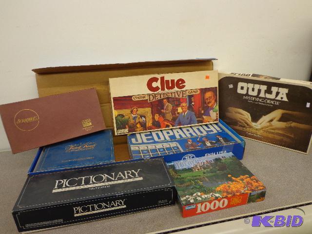 lot 114 image: Box of Games   Scrabble  Trivia pursuit  Pict...