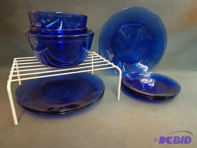 lot 127 image: Set of Blue Glass Dishes   3 large plates  3 ...