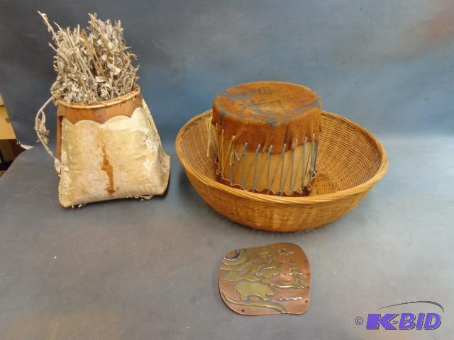 lot 135 image: Homemade Birch Basket, Drum and Copper Art Pi...
