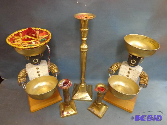lot 146 image: (3) Bombay Brass Candle Holders and (2) Mexic...