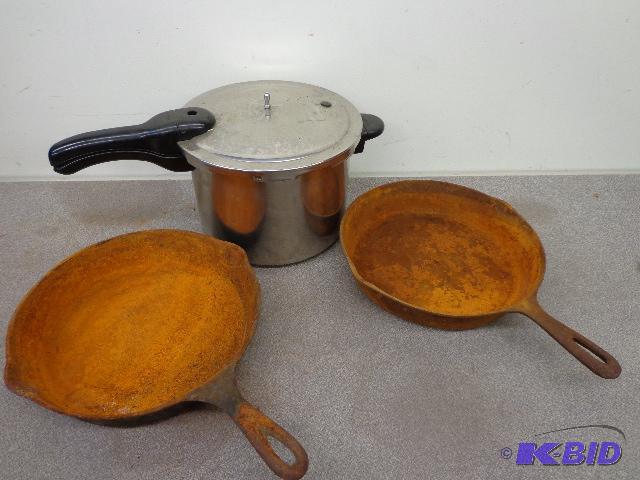 lot 208 image: Presto Pressure Cooker and (2) Cast Iron Pans...