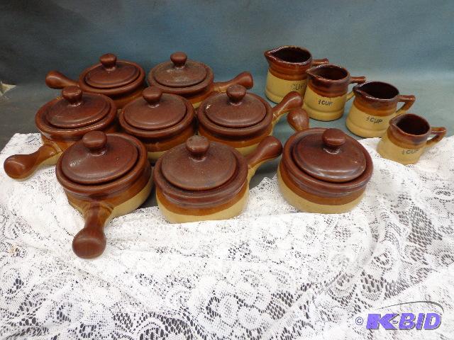 lot 44 image: Crock Bowls with Lids and Measuring Cup Set...