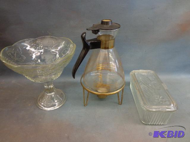 lot 47 image: Glass Bowl, Carafe with Stand and Glass Veggi...