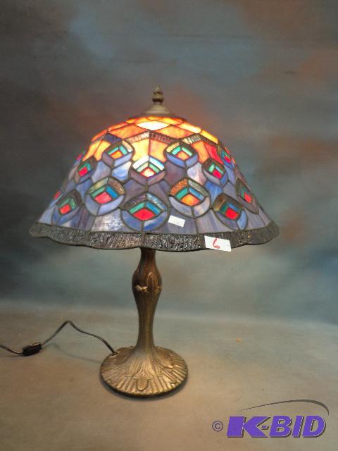 lot 6 image: Stained Glass Lamp   20&quottall  Nickelbra...
